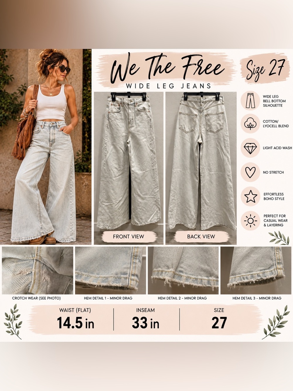 We The Free Size 27 Light Acid Wash Wide Leg Bell Bottom Jeans High Rise